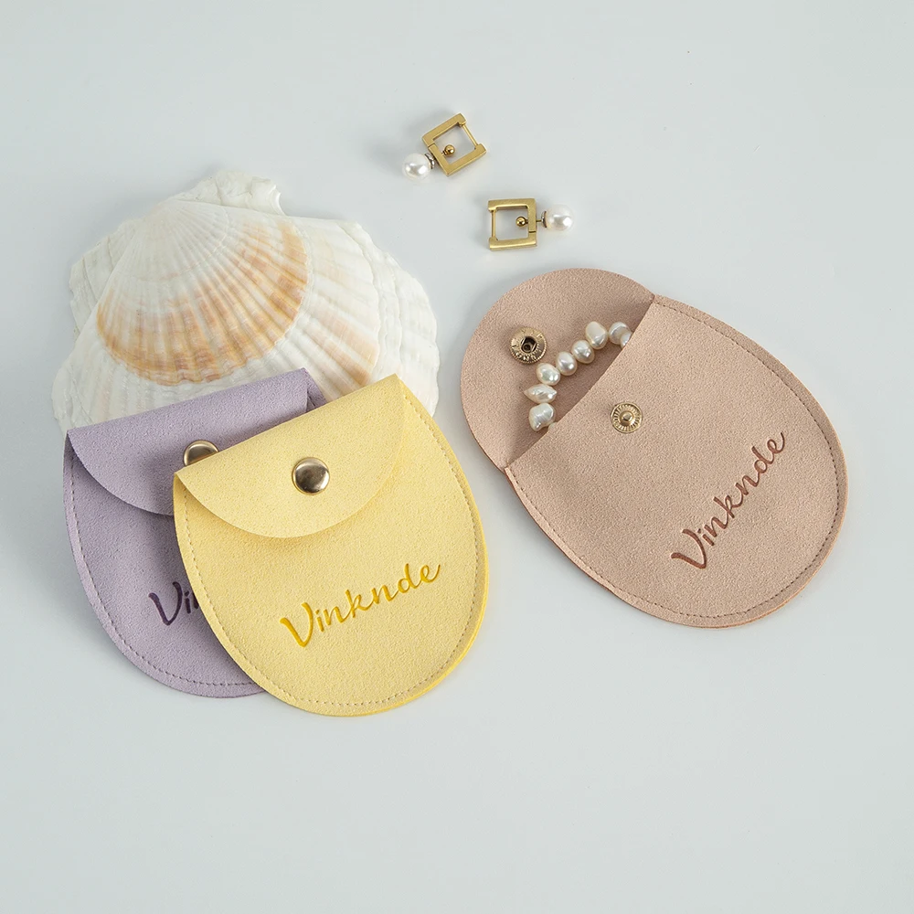100Pcs Custom Logo Microfiber Jewelry Bag Snap Button Round Velvet Pouch for Rings Earrings Necklace Wedding Gift Organizer Box