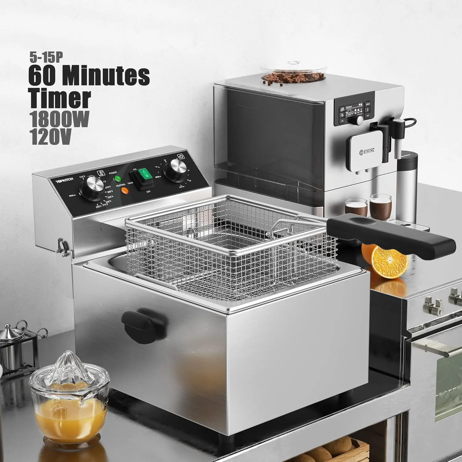 Electric Deep fryer Stainless Steel with Basket Lid Capacity Countertop Fryers for Home Kitchen and Restaurant 60 Minute Timer