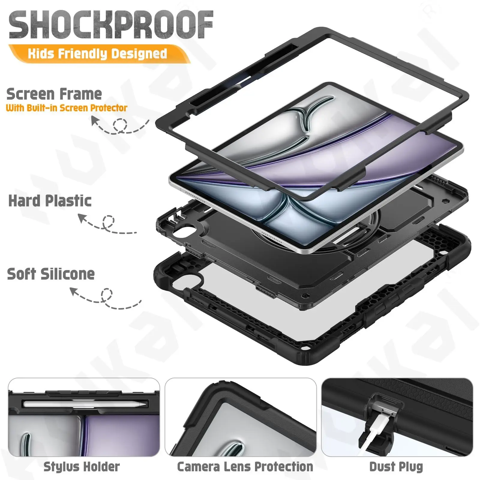 Heavy Duty Rotating Shockproof Tablet Case with Stand & Hand/Shoulder Strap - Black