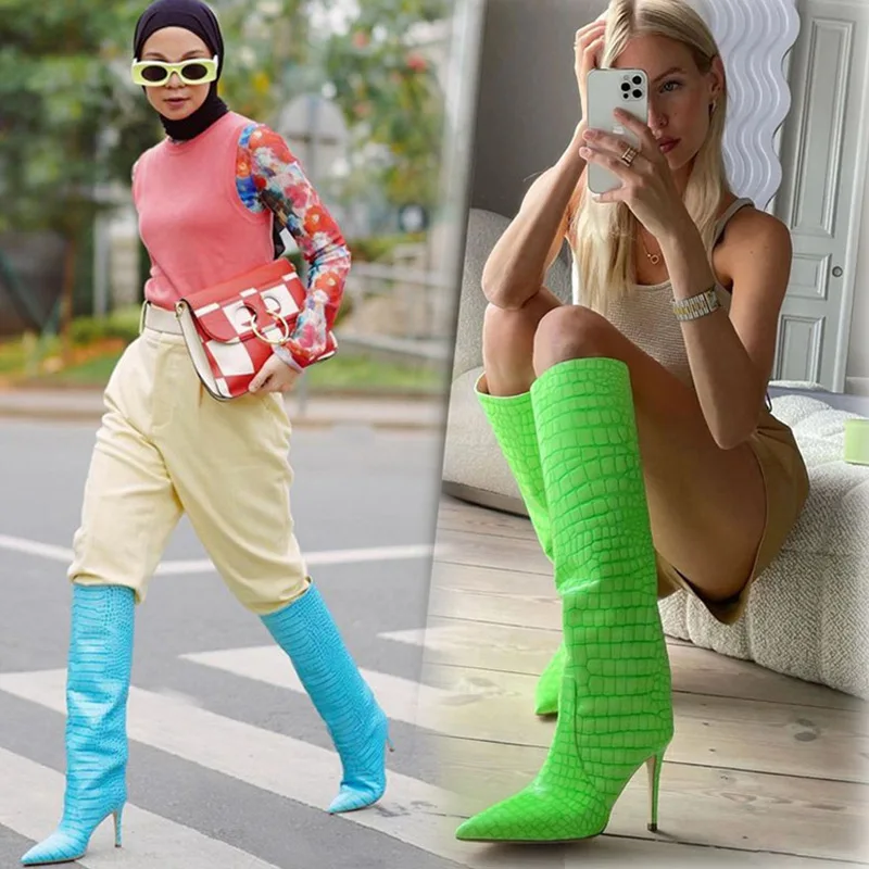 

Fashion Knee-High Boots Women Pointed Toe Slip-On Boots For Women Winter Botines Mujer High Heels Women Shoes Zapatos De Mujer
