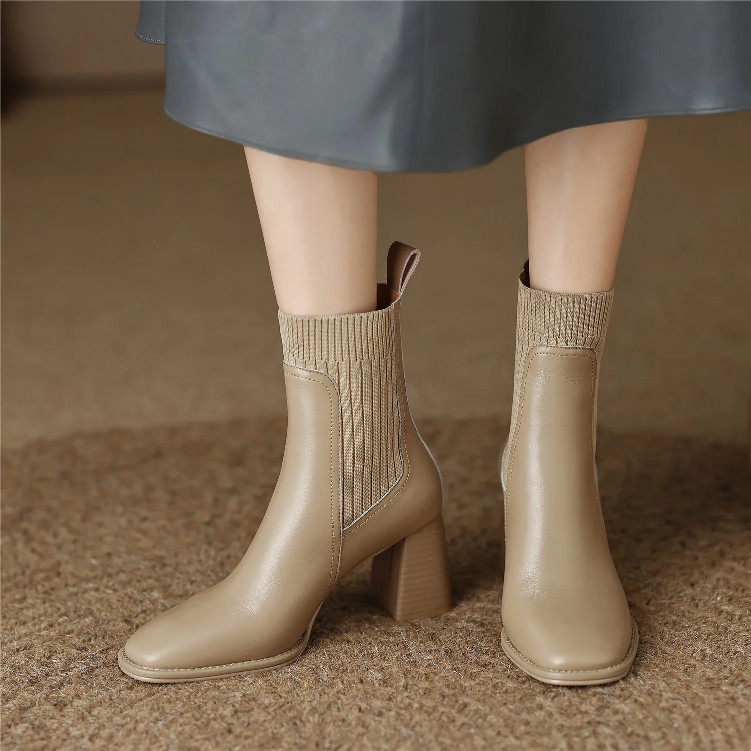 Women Ankle Boots Split Cow Leather Chunky High Heel Knitted Wool Slip on Quality Designer Spring Fall Sock Boots Big Size 42