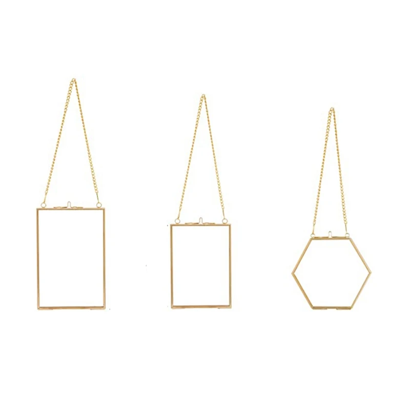 

3 Packs Pressed Flowers Glass Frames- Golden Hanging Glass Picture Frames With Chain Floating DIY Artwork Display Frames