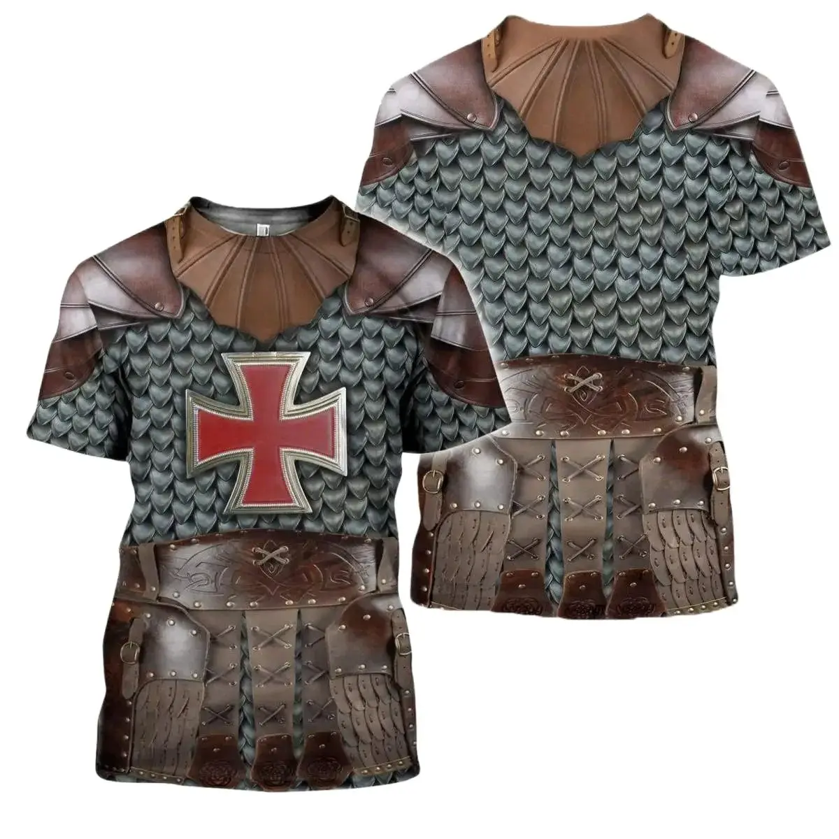 European Medieval Knight Style Summer Print Fashion New Men's Street Culture Casual Slim Retro 0 Collar Short Sleeve T-shirt Top