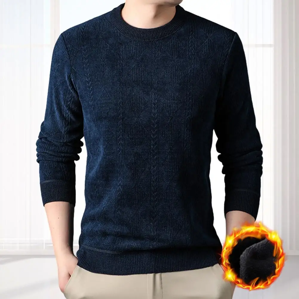 Knit Sweater Cozy O-neck Sweater with Plush Lining Jacquard Texture Knitting Thicken Pullover Tops for Teenagers Autumn Winter