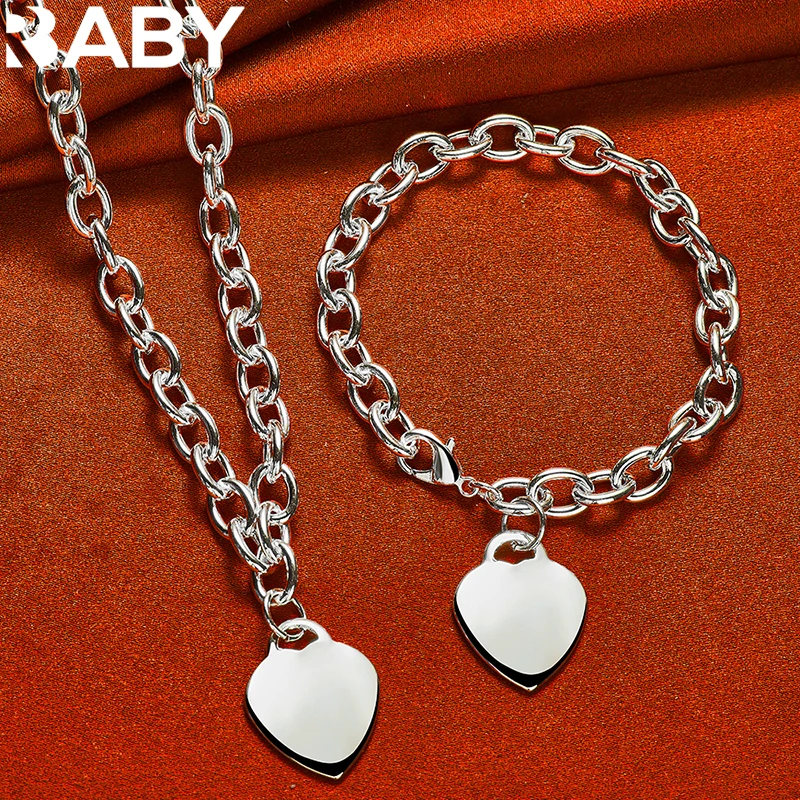 

925 Sterling Silver Heart Tag Pendant Necklace Bracelet For Women Men Fashion Jewelry Set Accessories Charms Wedding Gift