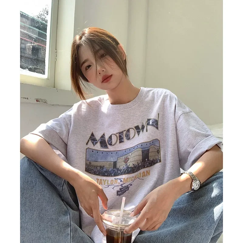 여성용 아메리칸 빈티지 반팔 티셔츠, 라운드넥 반팔 상의, 루즈한 캐주얼 슬레, 여름 신상