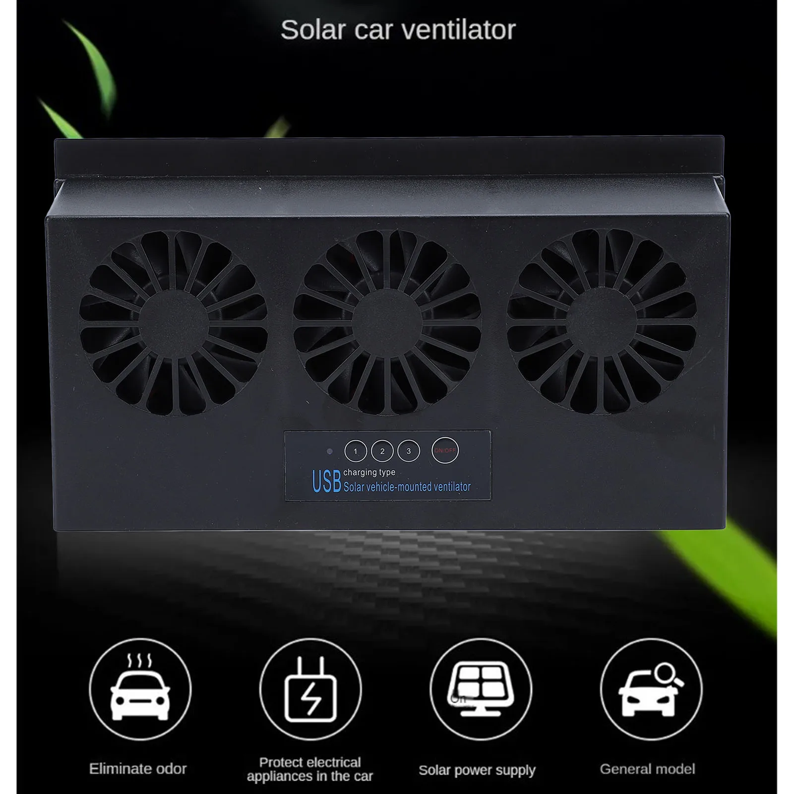 Solar Powered Car Exhaust Fan 3 Heads Odor Removal Multifunctional Air Purifier Cooling Fan for Home Automotive Office Black