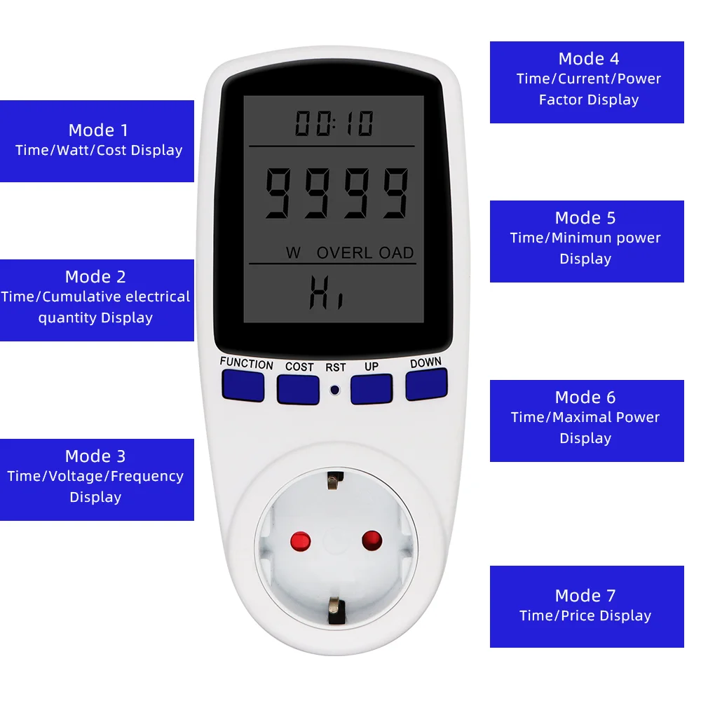 Misuratore di potenza LCD digitale 220V presa wattmetro wattaggio presa di misurazione dell'energia Kwh spina europea protezione da sovraccarico 7 modelli di visualizzazione