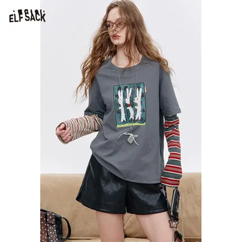 ELFSACK Y2K Streetwear Long Sleeve T-Shirt with Striped Sleeves, Fake Two Piece Casual Top for Women's Daily Outfit 1