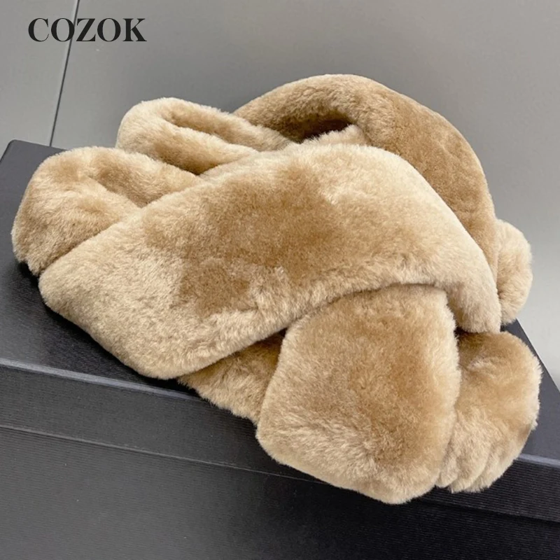 

Autumn And Winter New Cross Lamb Wool Vamp Open Toe Leisure Slippers Women's Simple Comfortable Thick Sole Plush Slippers