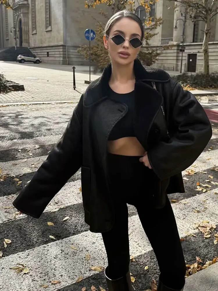 HH Autumn Winter Women Warm Faux Leather Jacket Single Breasted Long Sleeve Lapel Pockets Coats Female Casual Fleece Outerwear