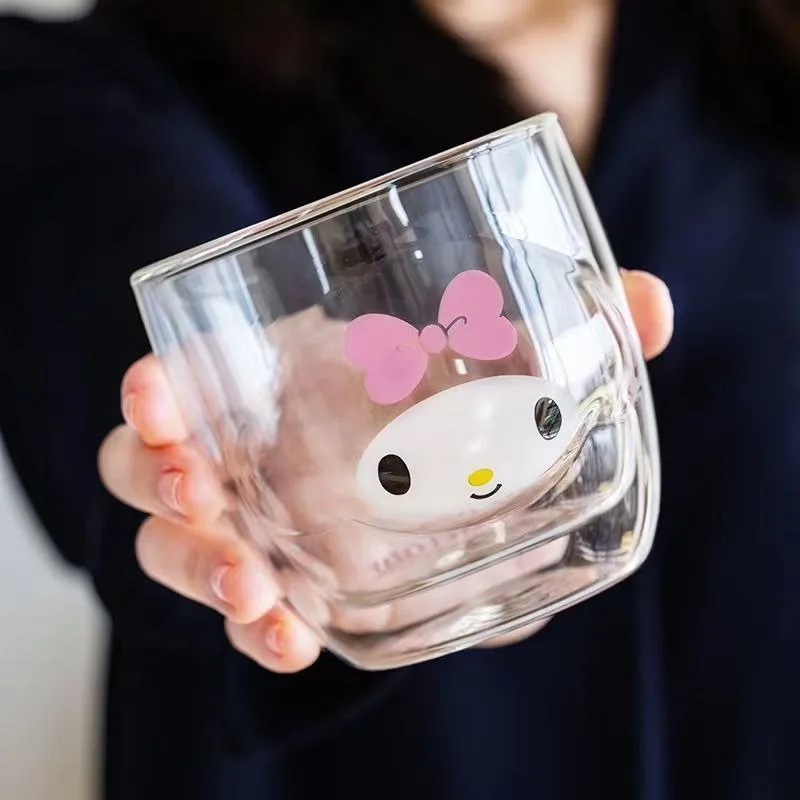산리오 헬로 키티 쿠로미 유리 컵, 더블 레이어 내열성 물컵, 화상 방지 우유 커피 컵, 여자 친구 선물, 300ml