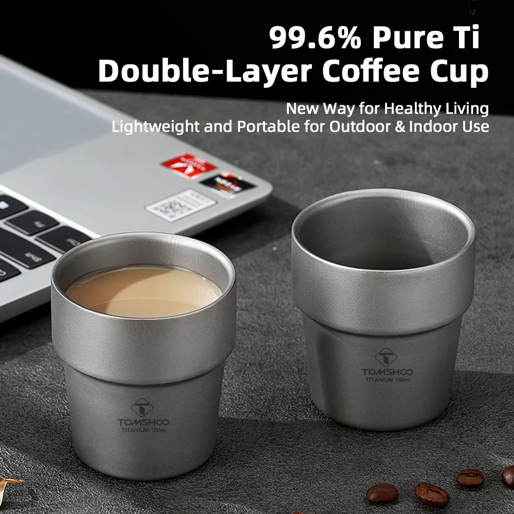 Camping Cup 150ml Ti Cup 99.6% Pure Ti Double-Layer Coffee & Wine Cup Outdoor Camping Picnic Little Metal Cups Lightweight