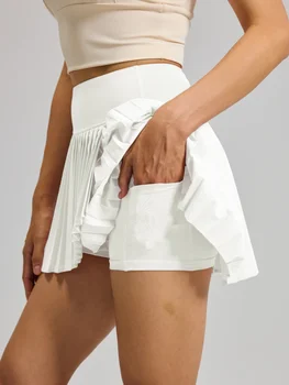 Women's Pleated Tennis Skirt with Built - in Shorts, High - Waisted Athletic Skort for Golf, Running, Workout, Asymmetric Hem, M