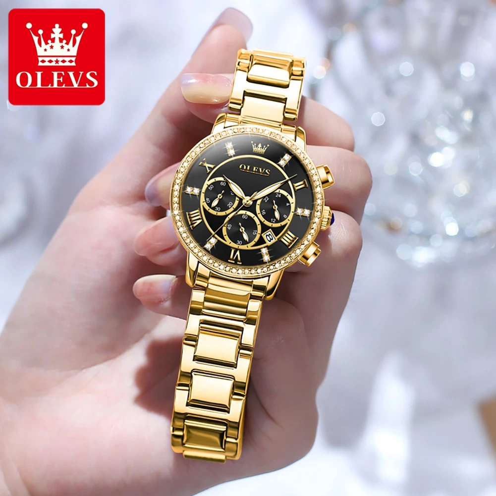 OLEVS New Luxury Gold Watch for Women Stainless Steel Waterproof Calendar Chronograph Quartz Watches Womens Relogio Feminino