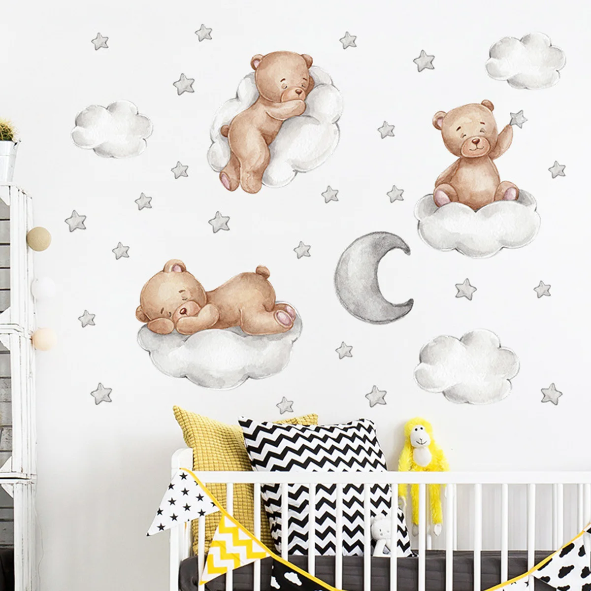 Wall Stickers Wall Art Decor Cartoon Bear Moon and Stars Color Self Adhesive Stickers 2/1Pcs for Kids Room Baby Room Decals