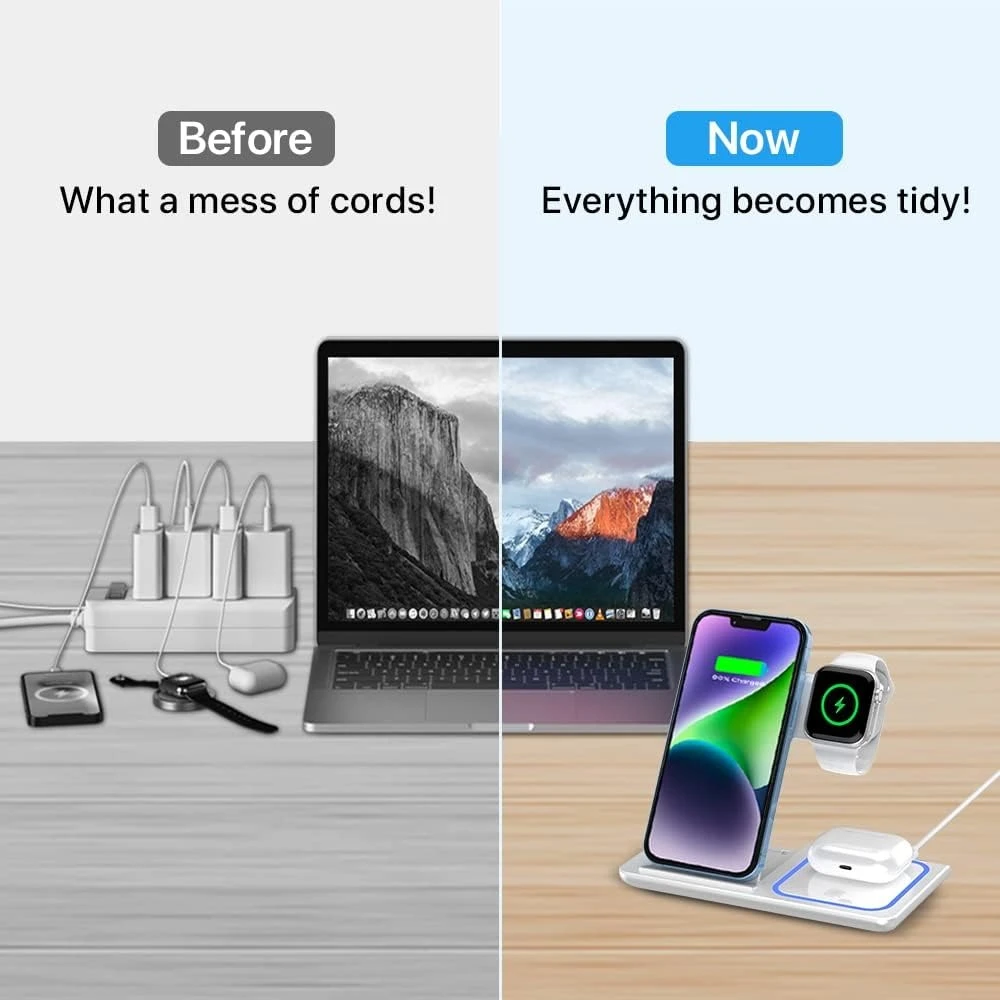 3 in 1 Fast Charging Dock Station Foldable Wireless Charger Stand For iPhone 14 13 12 11 XS XR X 8 Apple Watch 8 SE Airpods Pro