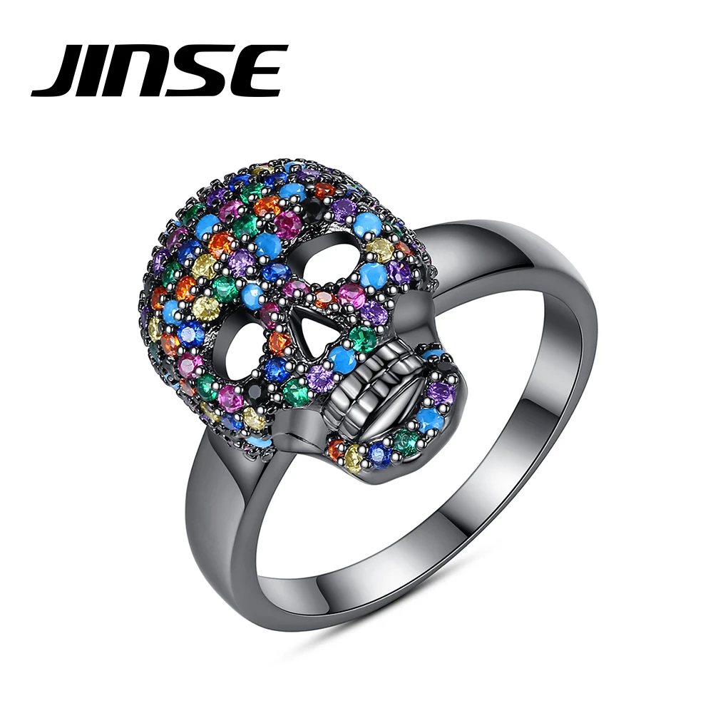 Finger Ring JINSE Punk Colorful Black White Bling Skull CZ Ring for Men Cubic Zircon Fashion Hip Hop jewelry Boyfriend Christams Party Gifts