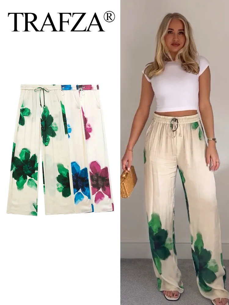 TRAFZA Women Elegant Floral Print Long Pant Casual Elastic