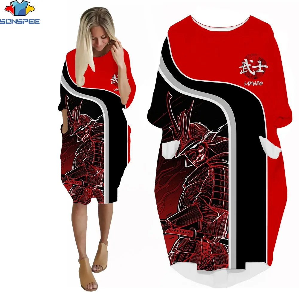 

SONSPEE 3D Print Ladies Pocket Dress Japanese Samurai Sword Retro Style Clothing Summer Harajuku Fashion Round Neck Loose Dress