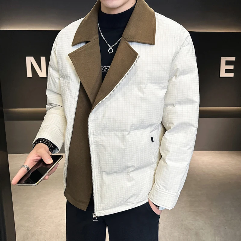 

2024 Winter Men's Lapel Collar Patchwork Cotton-padded Clothes Zipper Fashion Black Parkas In Warm Snow Jacket Loose Casual Coat