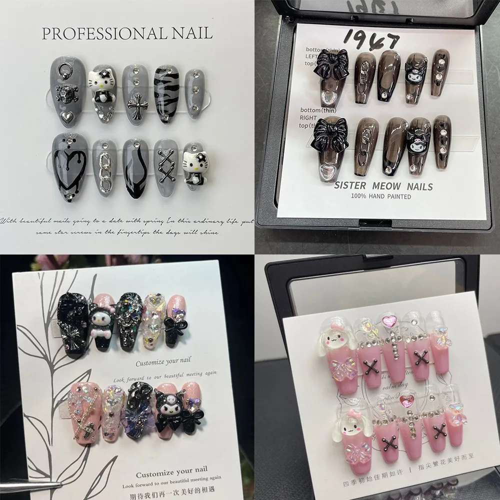 

Kawaii Sanrio Hello Kitty False Nails Diy AnimeAccessories Y2K Handmade Nail Sticker Dark WindDetachable Fake Nail Gir Gift