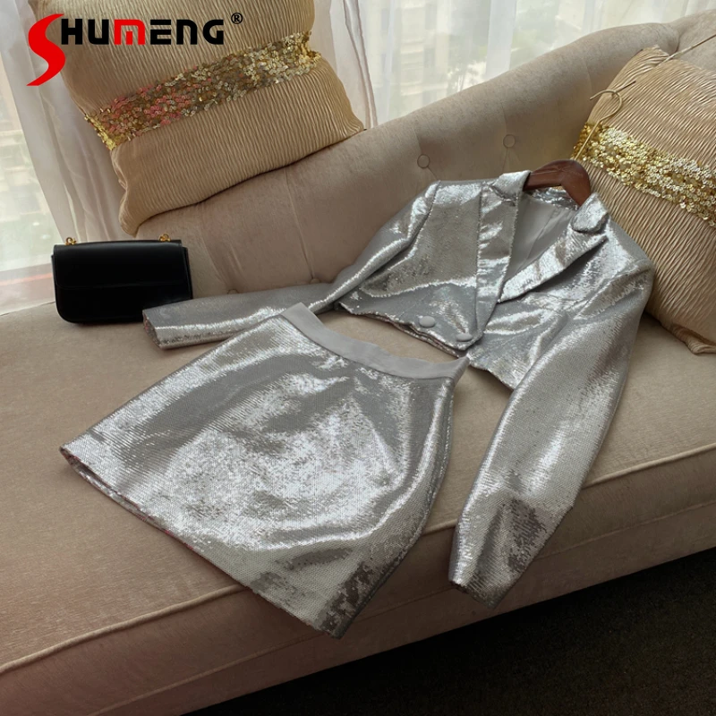Socialite Style Silver Shiny Light Luxury Sparkles Sets Skirt Ultra Short Suit Jacket Women's Bag Hip Skirts Two-Piece Outfits