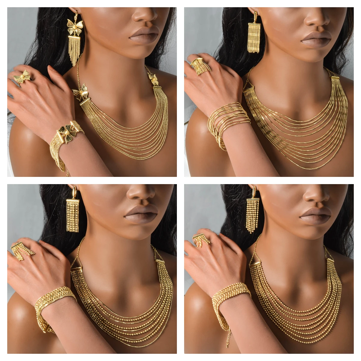 2309178-dc4845.jpg Sbd30963d92094484b3725b32b5c4da3bC Dubai Luxury Style 18K Gold-Plated Jewelry Four-Piece Set Multi-Layer Necklace Stackable Bracelet Earrings Ring for Wedding Gift Mallzona
