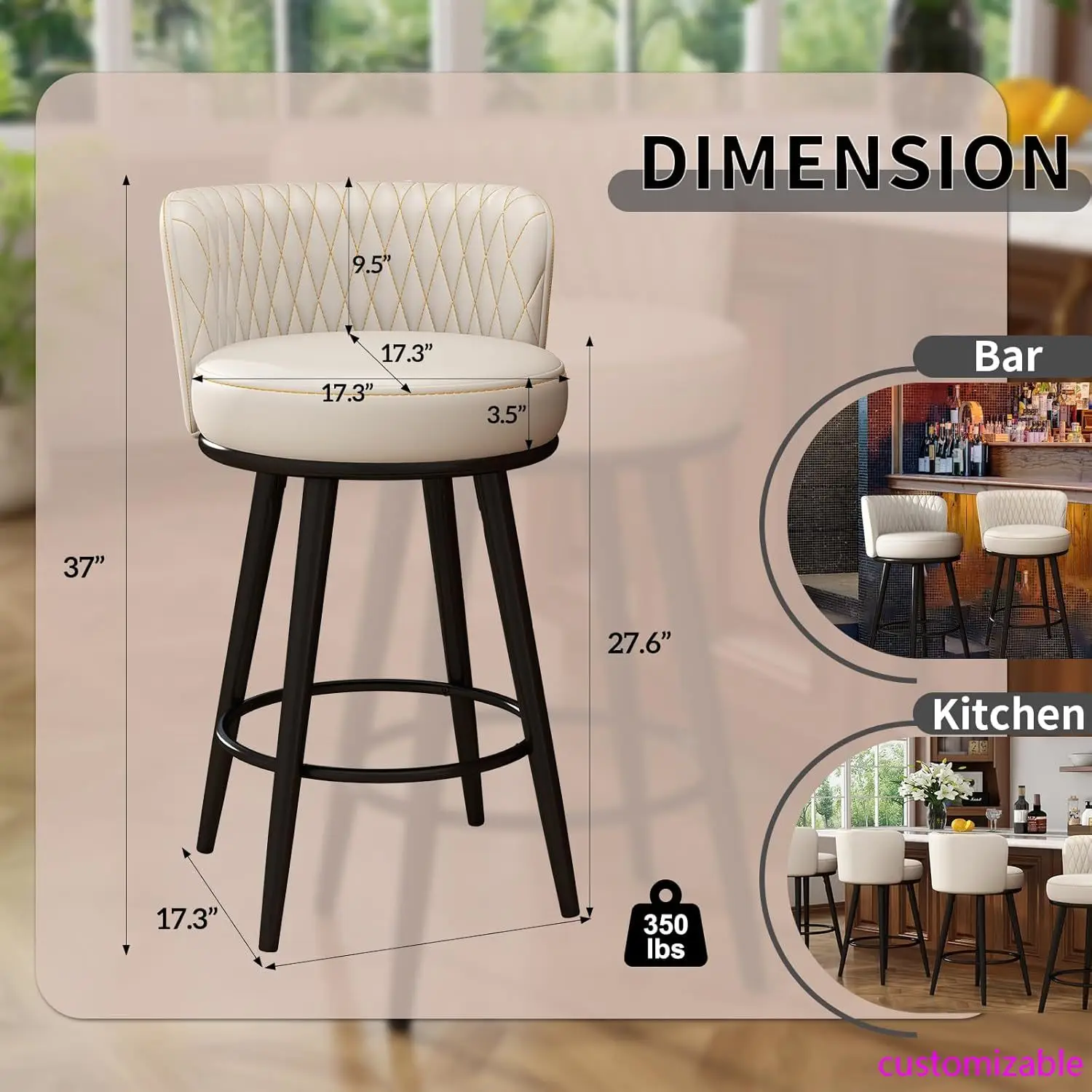 Bar Stools Set of 4, 27 Inch Barstools with Sturdy Legs, Leather Farmhouse Counter Height Bar Stool