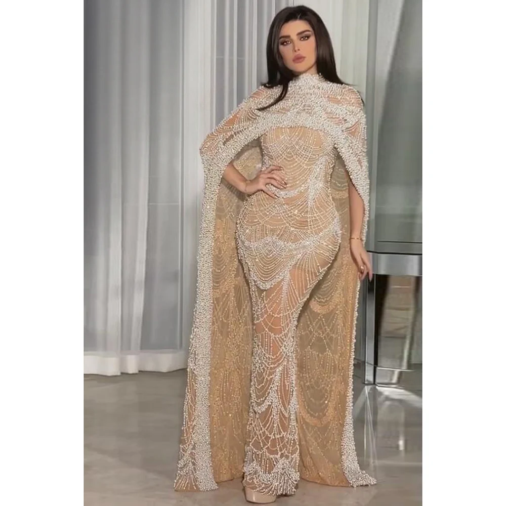 Perle di lusso Dubai abiti da sera Champagne con mantello 2023 nuove donne arabe sirena festa di nozze abito da ballo Robe De Soiree