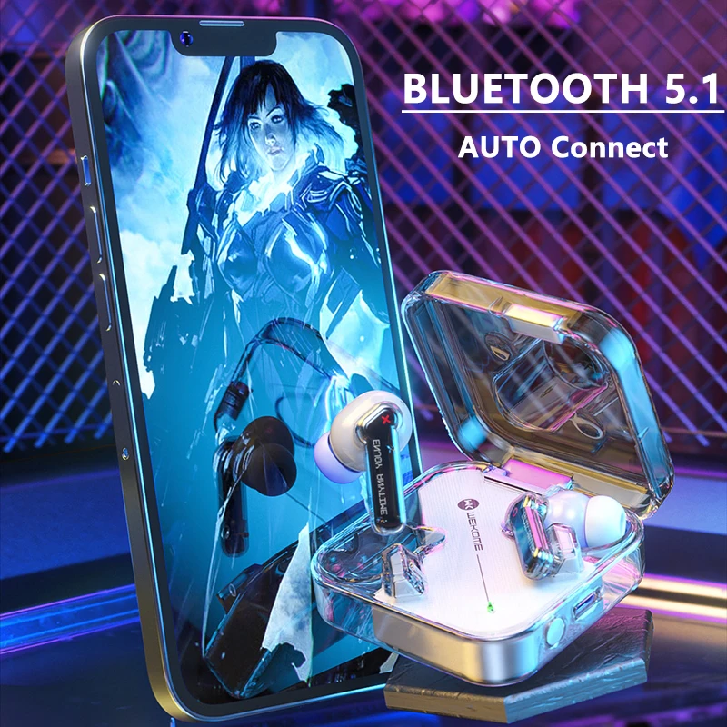 WEKOME V51 TWS 무선 블루투스 5.1 이어폰, 투명 스타일, 저지연 13mm 드라이버, 하이파이 음악 이어버드 헤드폰