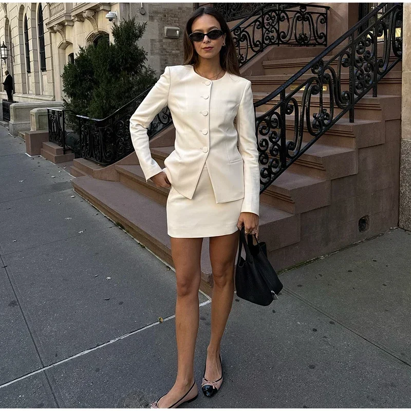 Elegant Blazer Skirt Suit Women Slim Long Sleeve O-neck Button Jacket Mini A-line Skirt 2025 Spring Lady New in Matching Outfits