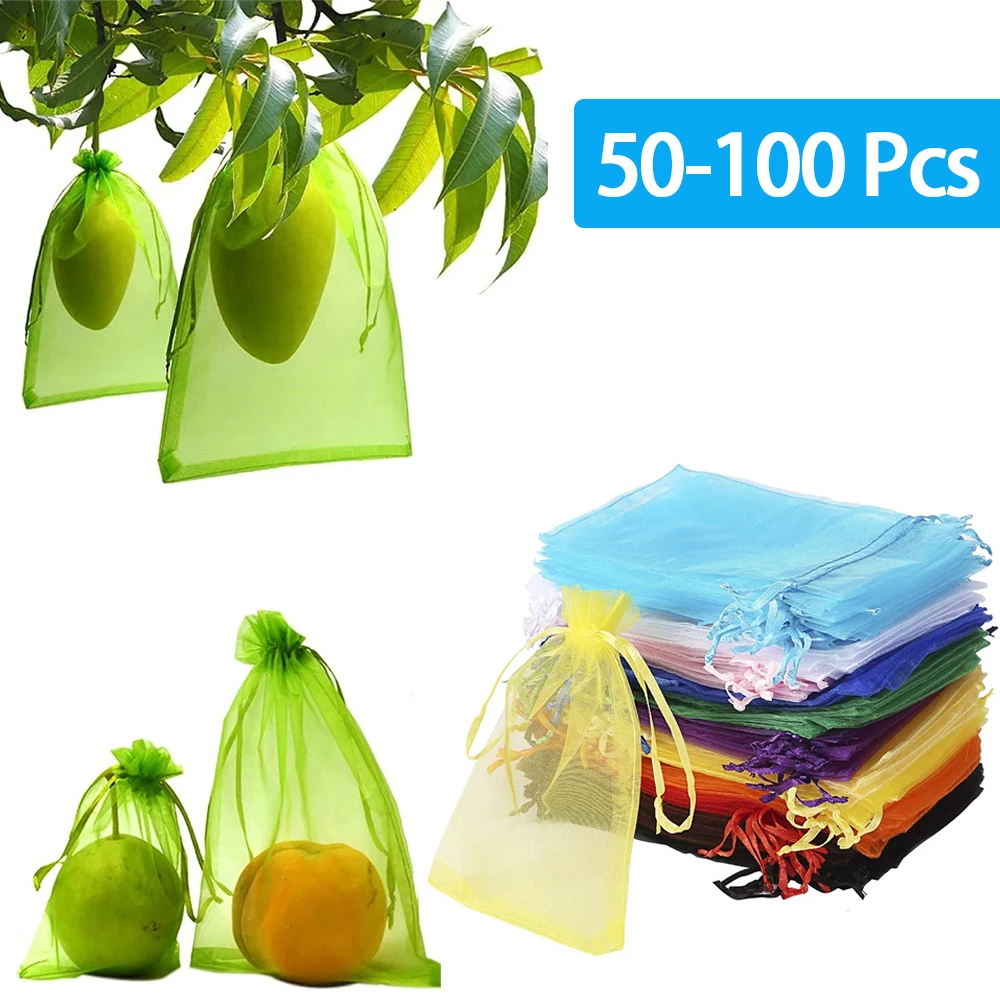 20/50/100PCS Grape Fruit Protection Bags Garden Drawstring Netting Mesh Bags Anti-Bird For Fruit Trees Organza Bags