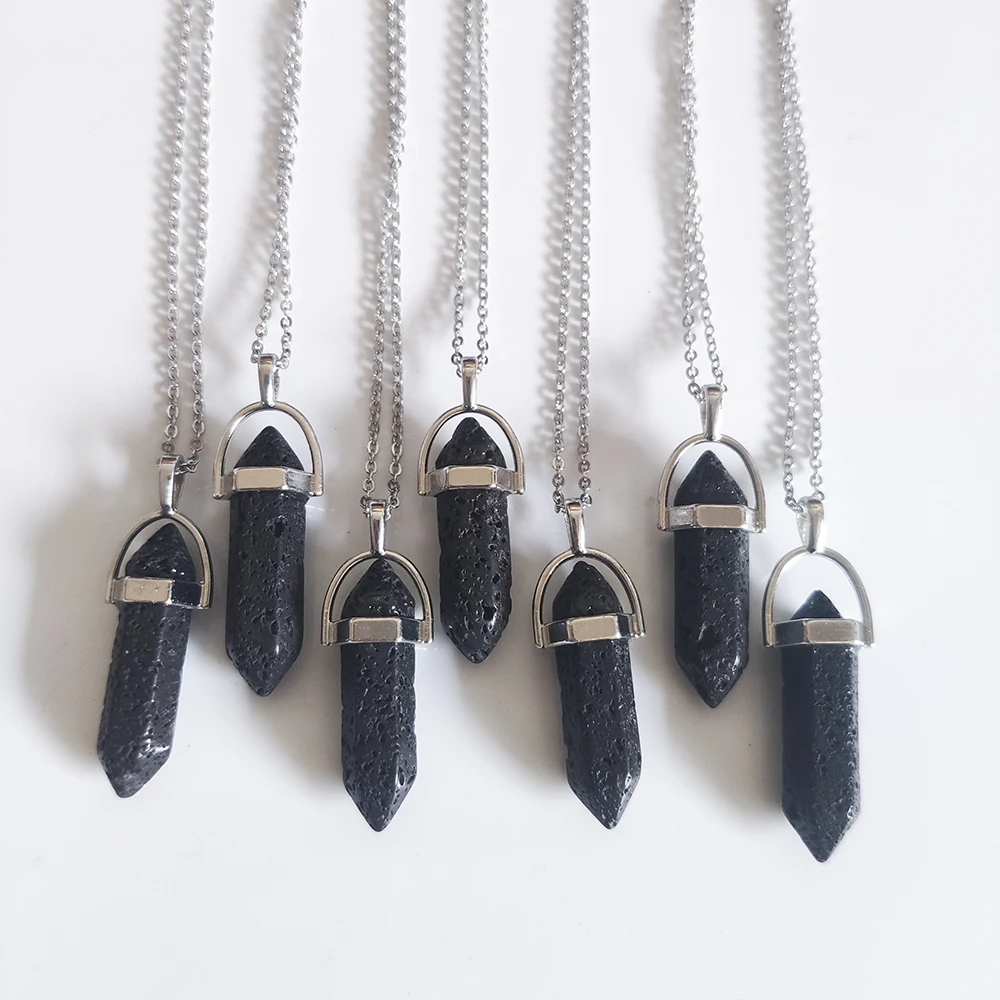 

Hexagonal Prism Black Lava Stone Necklace Aromatherapy Essential Oil Perfume Diffuser Pendant Necklace Jewelry Women