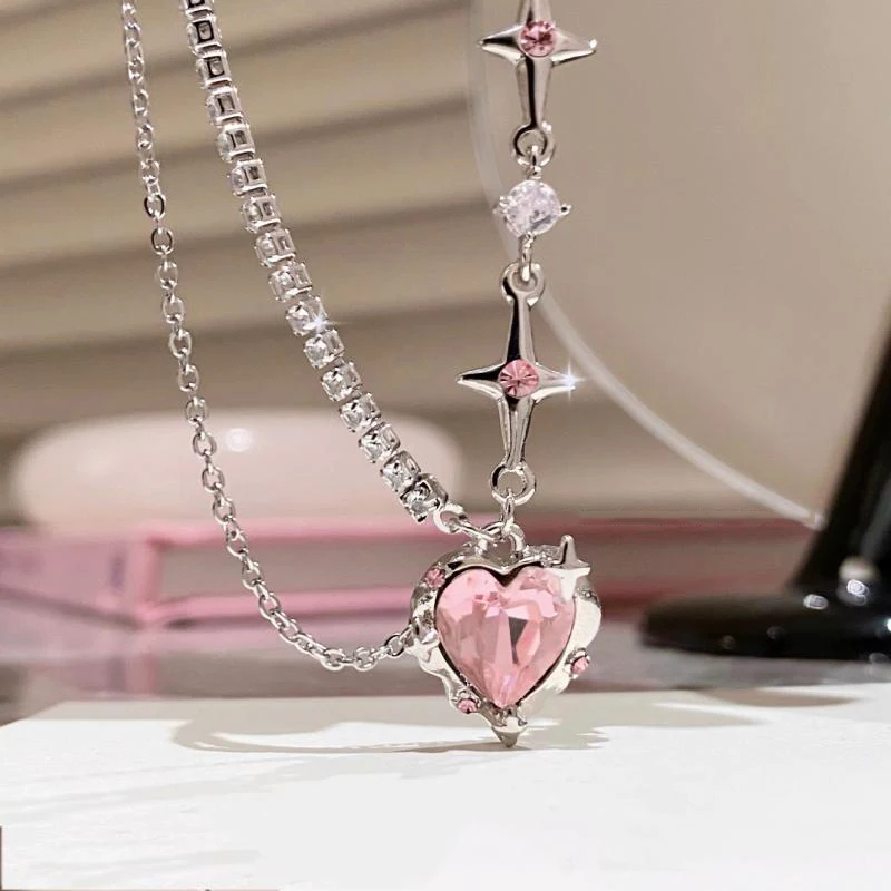 Pink Crystal Opal Pendant Necklace for Women Clavicle Chain Heart