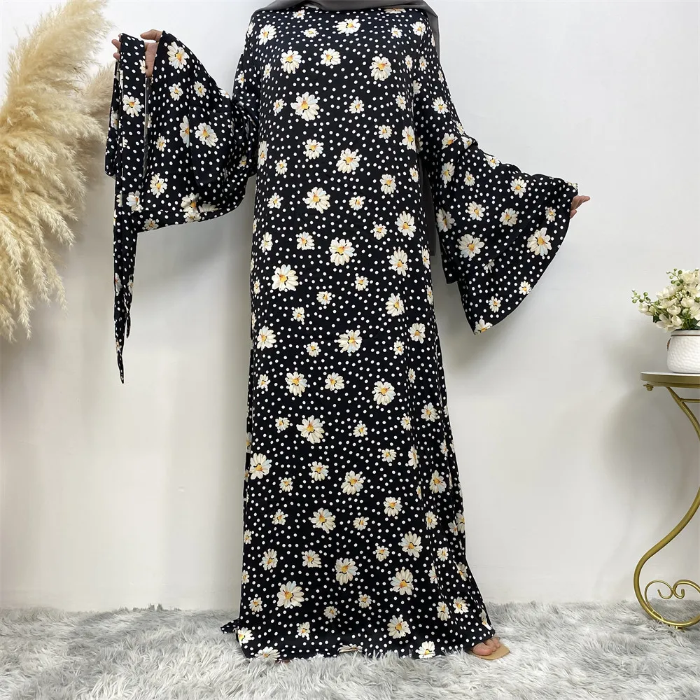 

Middle East Print Muslim Women Flare Sleeve Belted Maxi Dress Ramadan Eid Abaya Dubai Turkey Kaftan Islamic Clothing Arabic Robe