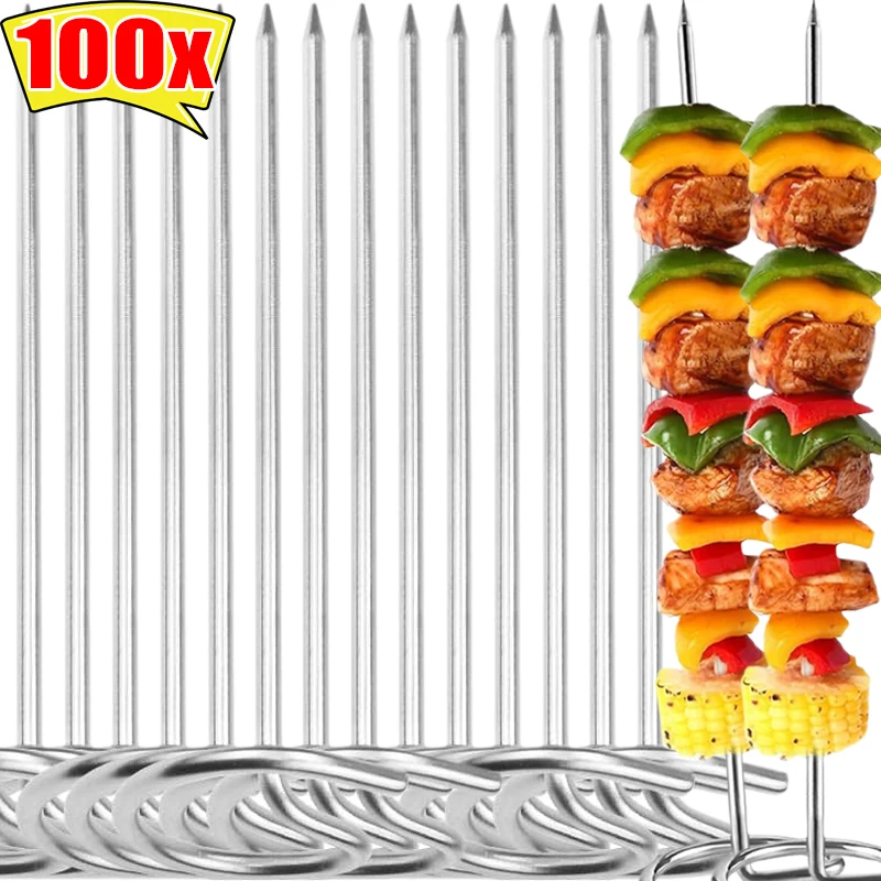 100/10PCS Air Fryer Oven Skewer Reusable BBQ Grill Barbecue Skewers Stainless Steel Kitchen Baking Stick Mini Cooking Utensils