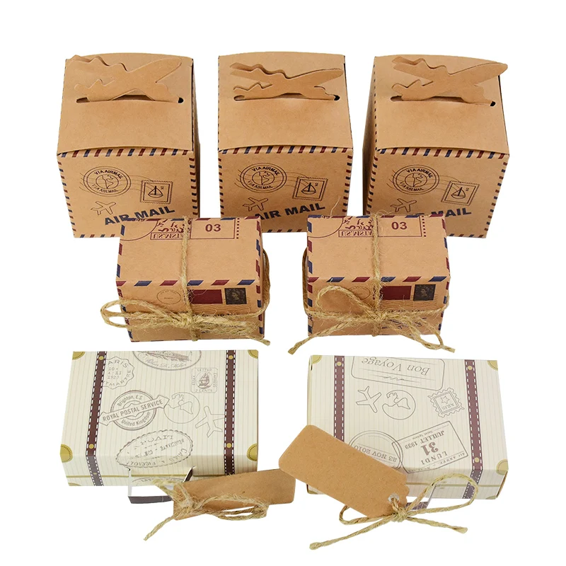 

10pcs Mini Travel Suitcase Candy Box Kraft Paper Gift Box Packaging Bag Christmas Favor Vintages Wedding Birthday Party Supplies