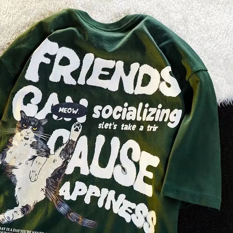 

Cotton Kung Fu Cat American Vintage Cartoon Print Round Neck Versatile Loose Fit Men and Women Couple Short Sleeve T-shirt Top