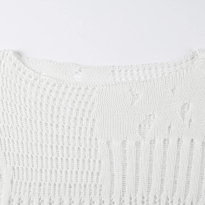 Ripped Women Full Length Pullovers Knitting Loose Casual Beggar Style Hollow Out Lady T-shirt Harajuku Streetwear Y2K