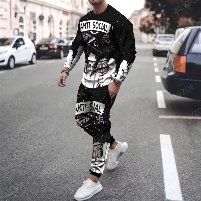 Spring Men's Set Long Sleeve T-shirt+Pants Two Piece Men's Sports Set 3D Print Graffiti Colorful Checkered Line Hip Hop Jogger