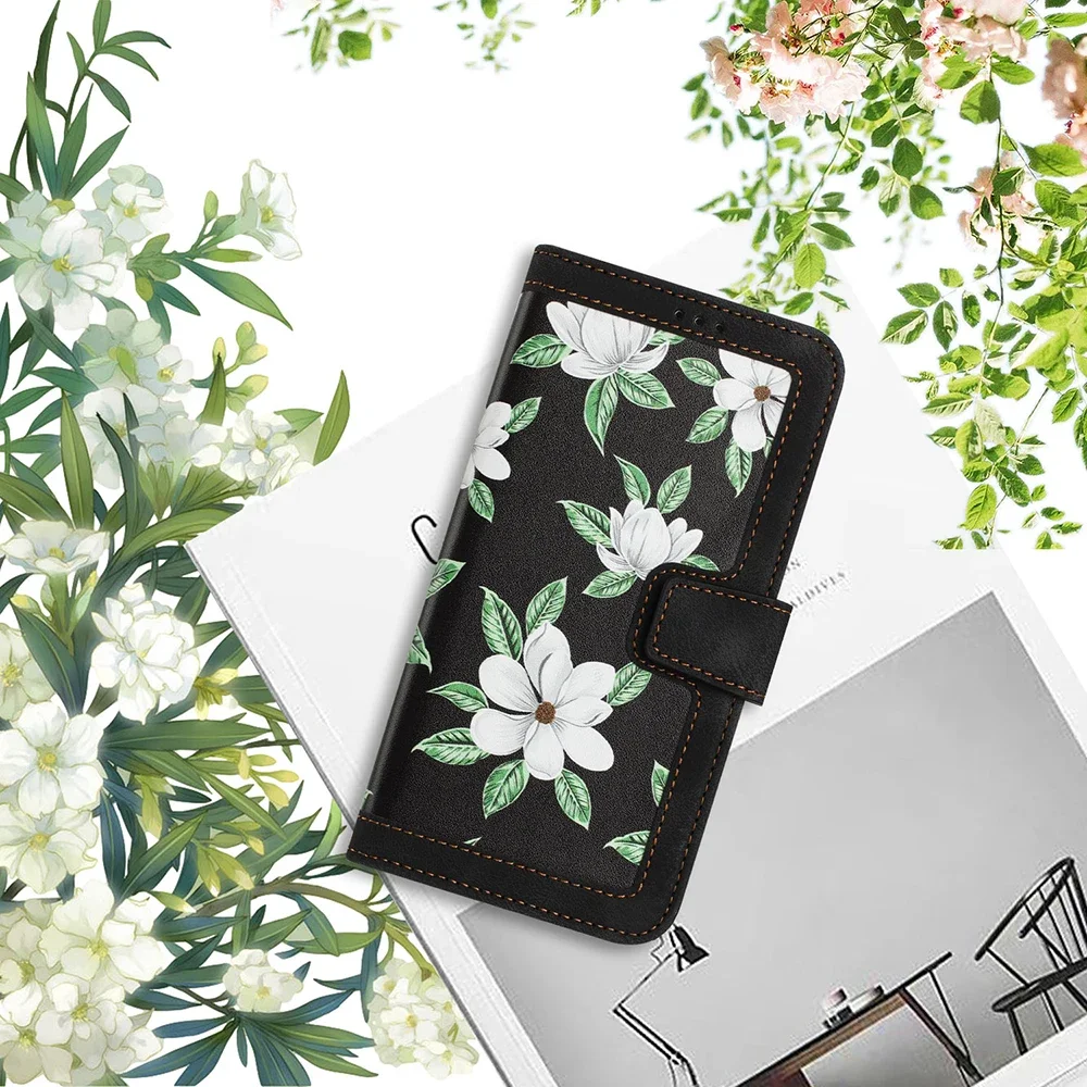 Elegant PU Leather Flip Wallet Case with Beautiful Floral Design and Convenient Wrist Strap