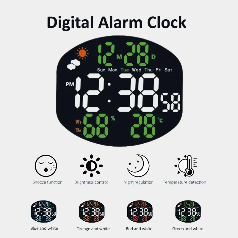 Digital Alarm Clock Wall Clock Weather Station for Home with Humidity/Temp/Auto Dimming/Week/Date/Two Alarm Set/Standing/Hanging