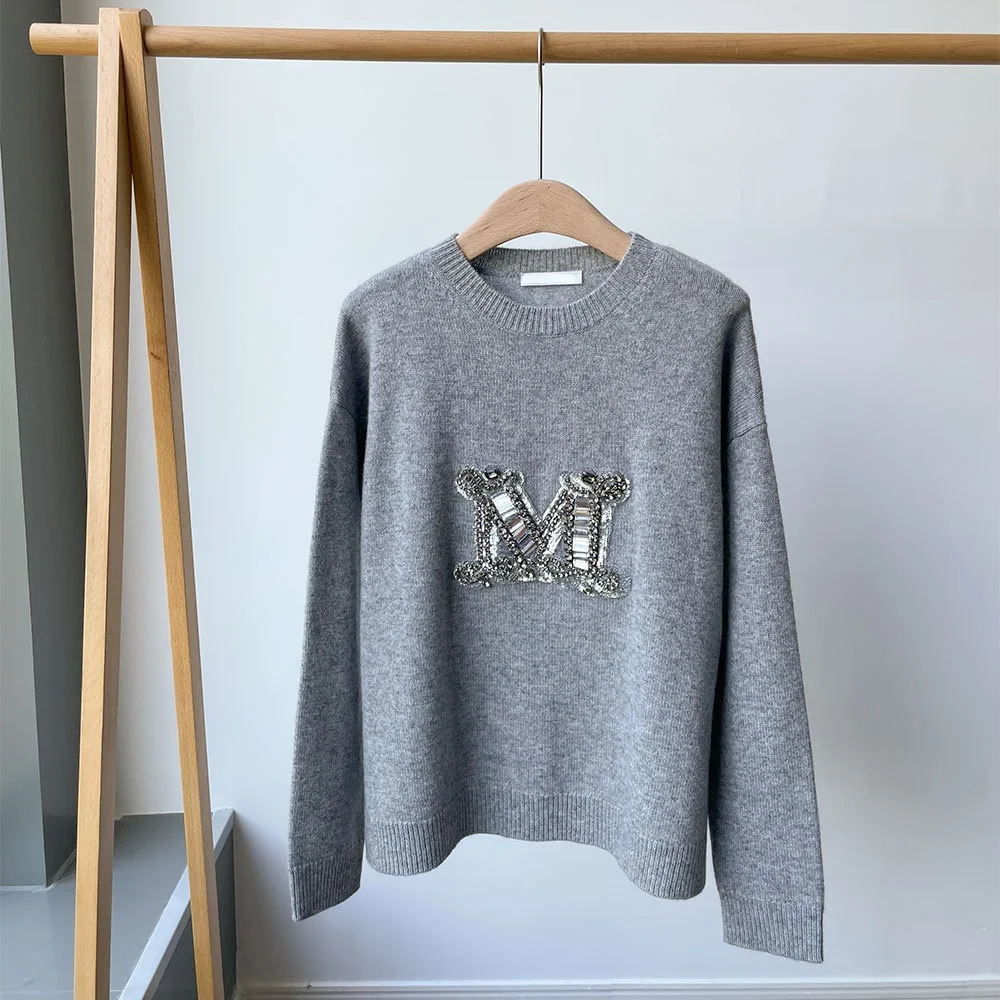 

Max Size Winter Women Caremere Sweater M Letter Long Sleeve Loose Top High Quality Female Cardigan Luxury Sequined