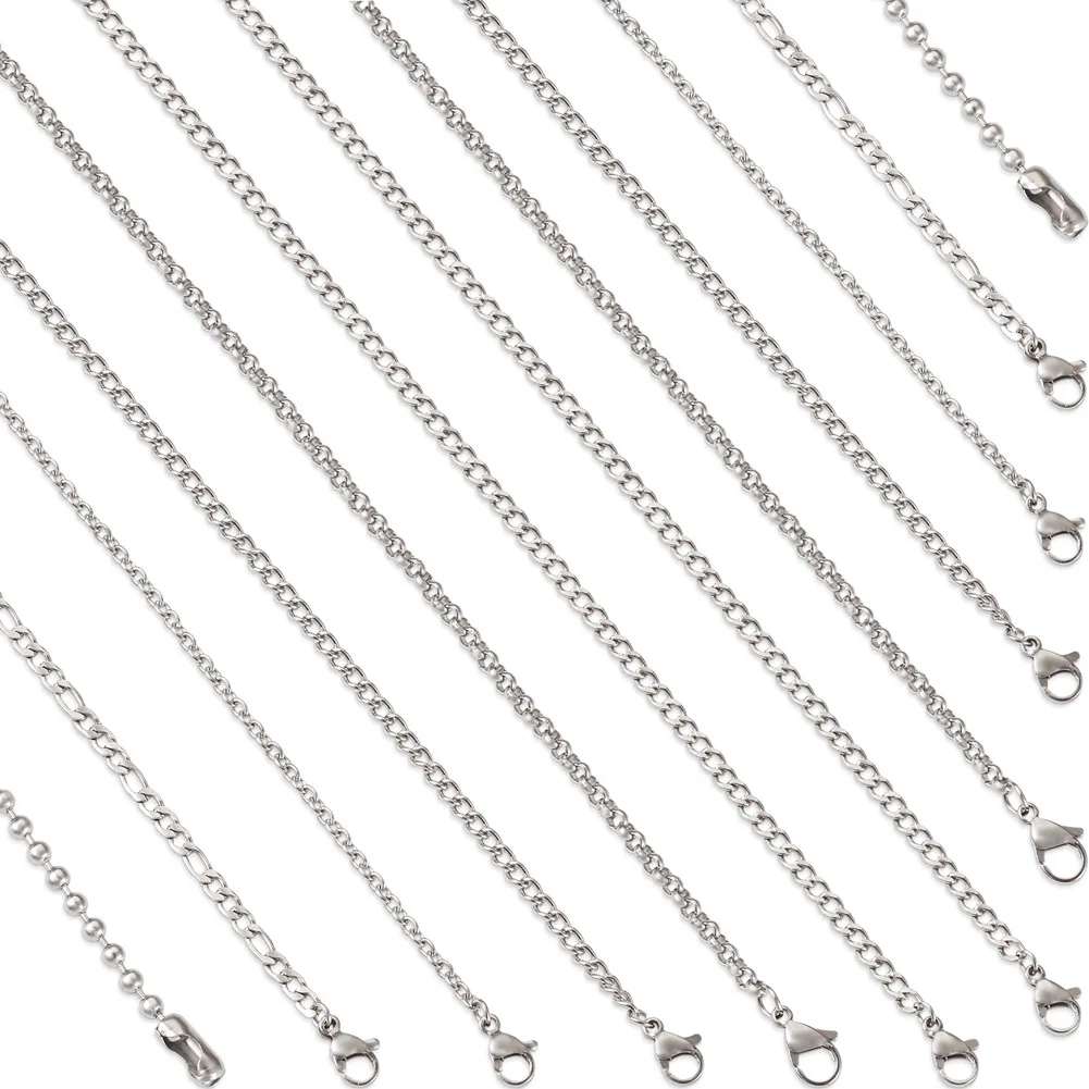 30Pcs 304 Stainless Steel Mix Style Chains Unisex Jewelry Necklace Kit Ball Chain Curb Chain Figaro Chain Rolo Chain Cable Chain