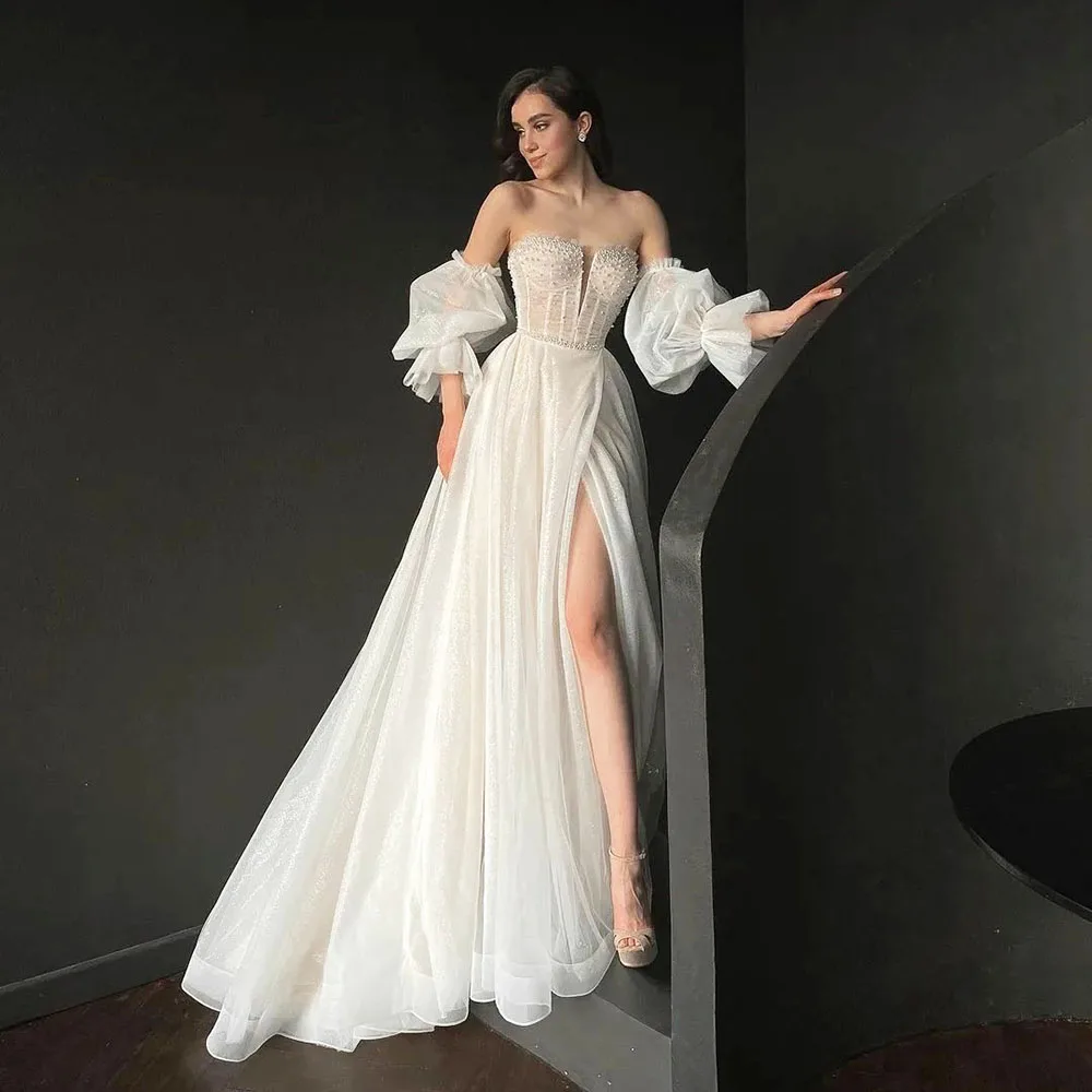 

Strapless Detachable Puff Sleeves White Wedding Dress Organza And Tulle Split Slit Zipper Back Bridal Gowns Vestidos De Novia