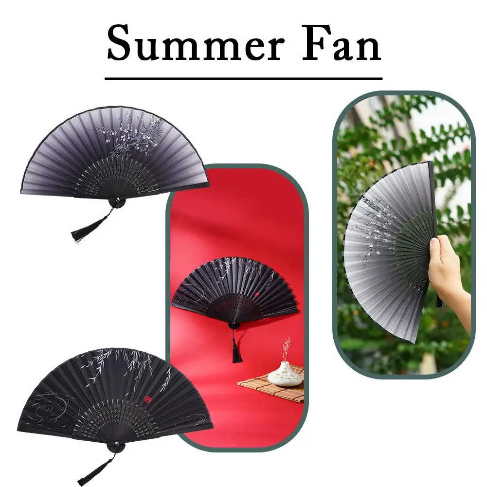 

Vintage Chinese Style Folding Fan bamboo hand fan Wooden Home Classical Dance Tassel Shank with Decor Elegent Fan Female F1P4