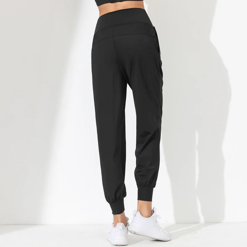 Yoga Pants Woman Loose Slim Quick-Dry Pleated Hem Bound Running Fitness Capris Pockets
