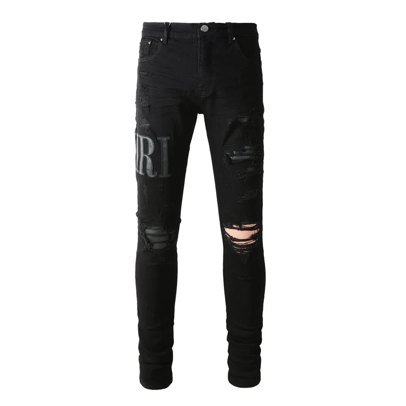 

High Street Fashion Men's Slim Fit Jeans Vintage Black Washed Elastic Split Jeans Designer Hip Hop Brand Patch High Quality Pant