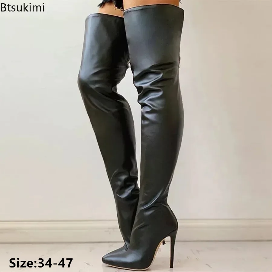 

2024 Women's Over The Knee Boots Sexy Zip Black Pointed Long Boots Women Black Red Club Party Thin Heel Long Boots Females Shoes